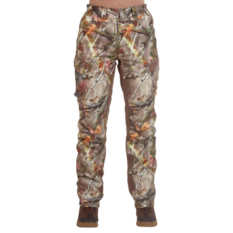 PANTALON FEMME CHASSE CHAUD IMPERMÉABLE SILENCIEUX CAMOUFLAGE 500