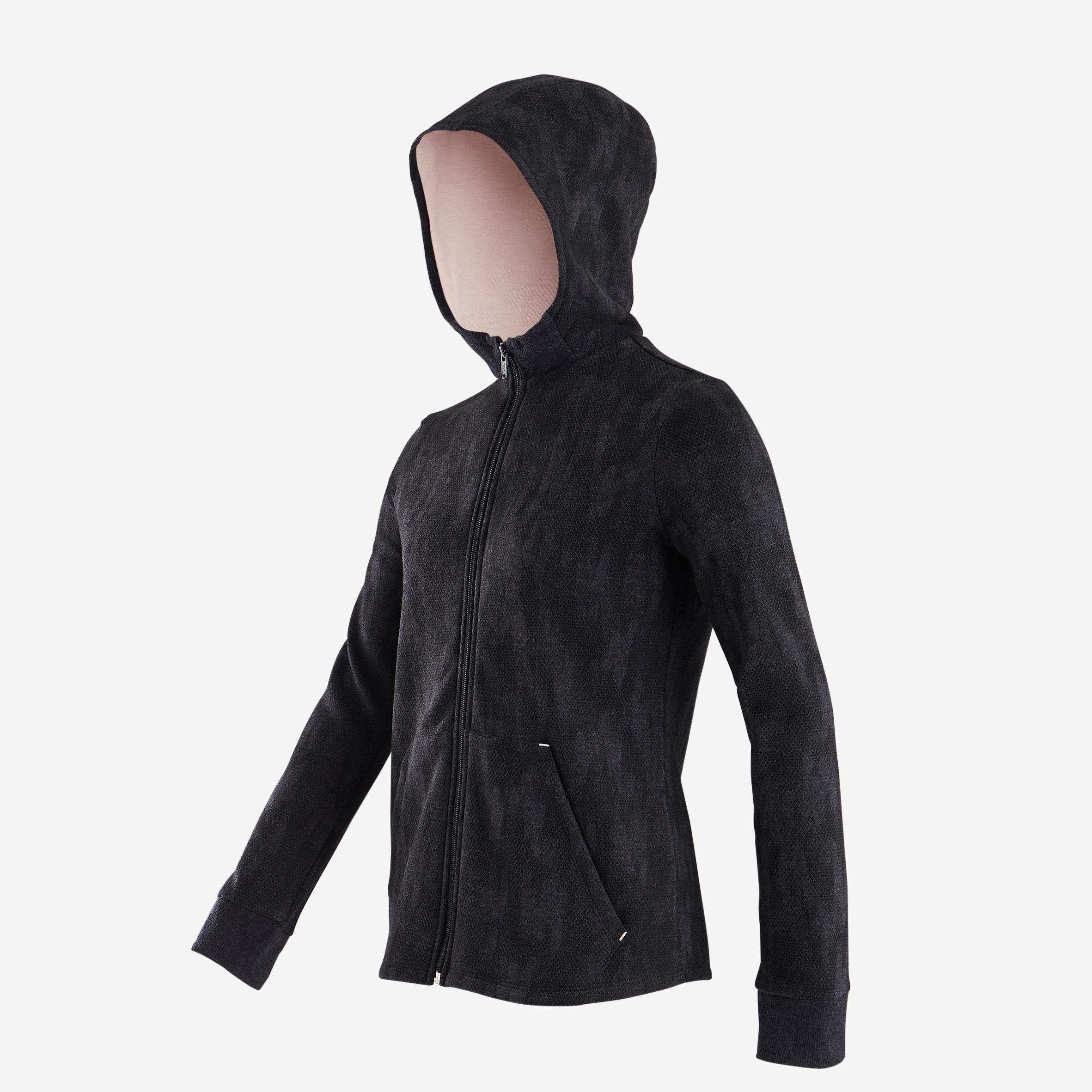 100 Girls' Warm Hooded Gym Jacket - Grey/Black Print/Pink Hood 2/4