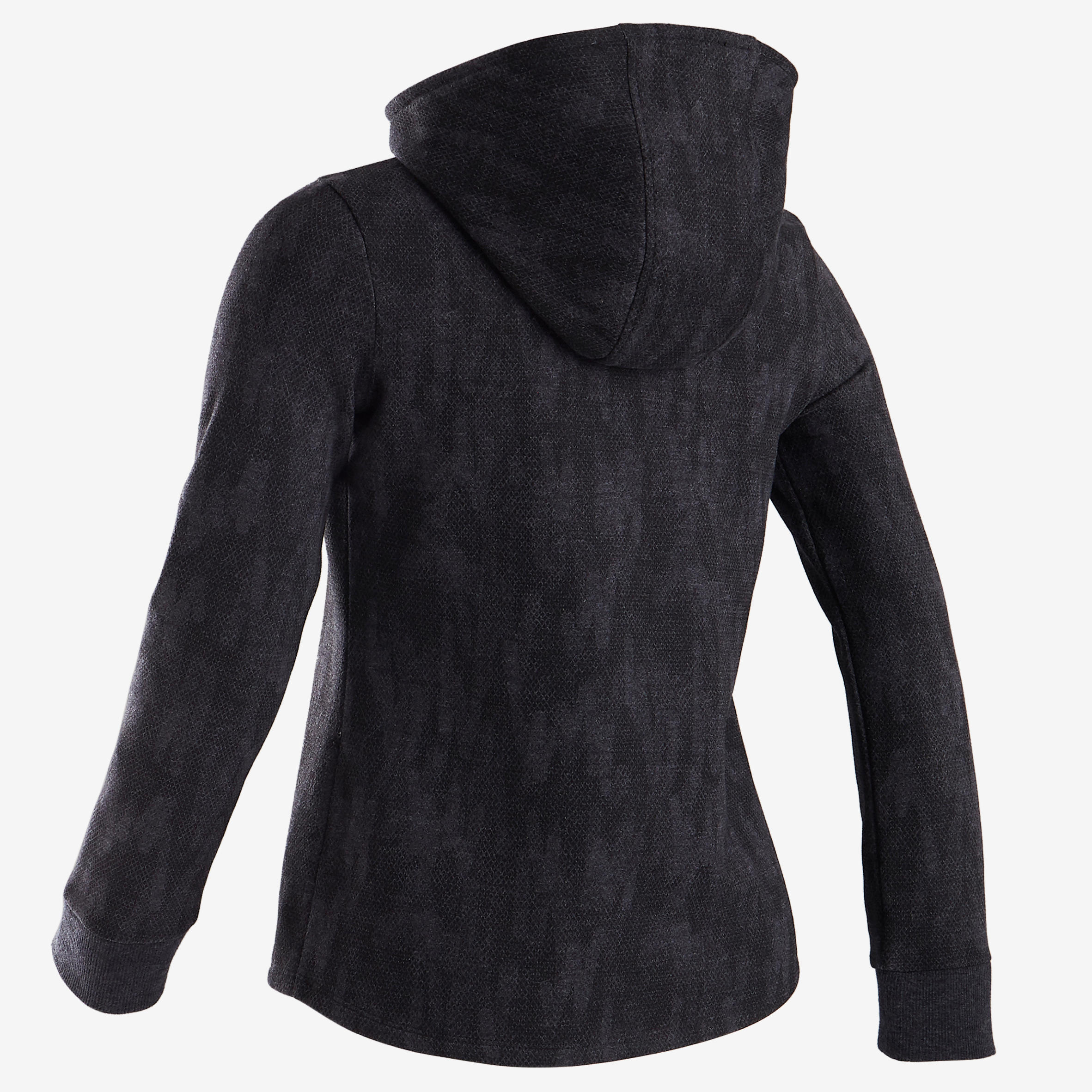 100 Girls' Warm Hooded Gym Jacket - Grey/Black Print/Pink Hood 3/4