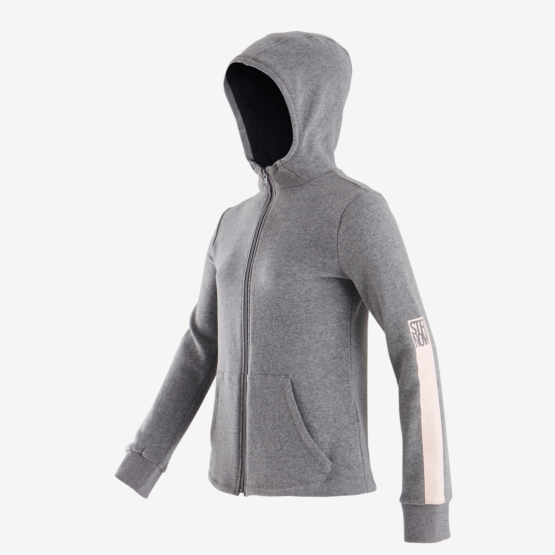 100 Girls' Warm Hooded Gym Jacket - Mid Grey/Black Hood 2/4