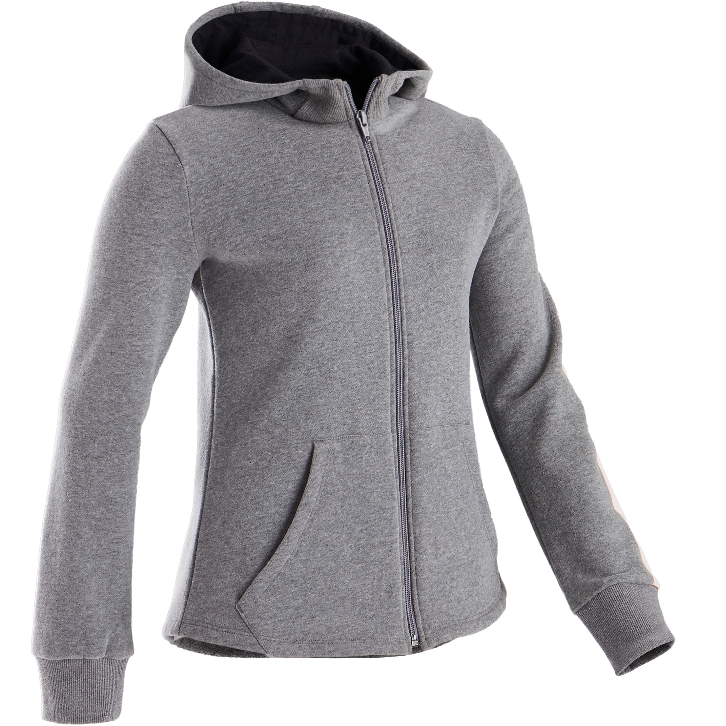 100 Girls' Warm Hooded Gym Jacket Mid Grey/Black Hood