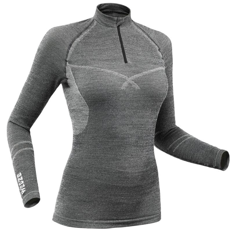 Women's Ski Base Layer Wool Top 1/2 Zip - Grey
