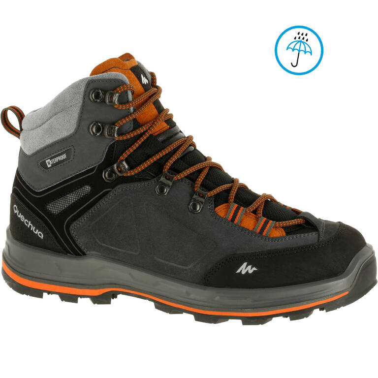 Men Waterproof Trekking Shoes Mid Ankle with Cross-Contact Grip Grey - MT100