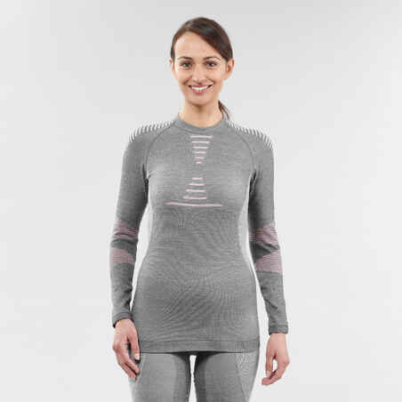 Women's 900 Merino wool seamless thermal base layer ski top - grey/pink