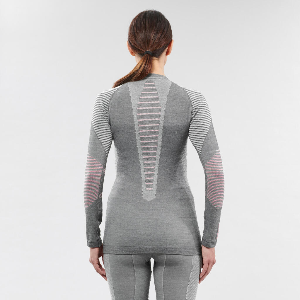 Women's 900 Merino wool seamless thermal base layer ski top - grey/pink