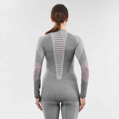Women's 900 Merino wool seamless thermal base layer ski top - grey/pink