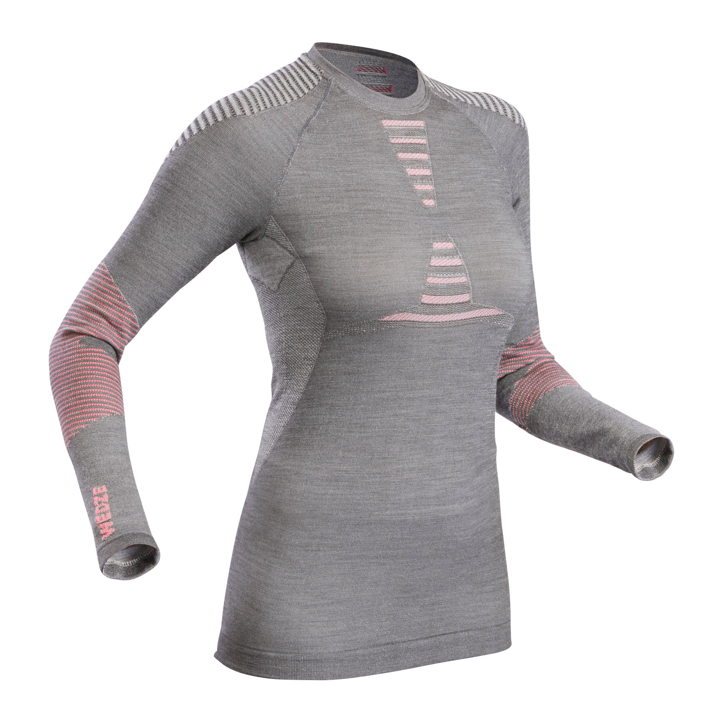 Women's 900 Merino wool seamless thermal base layer ski top - grey/pink -  2