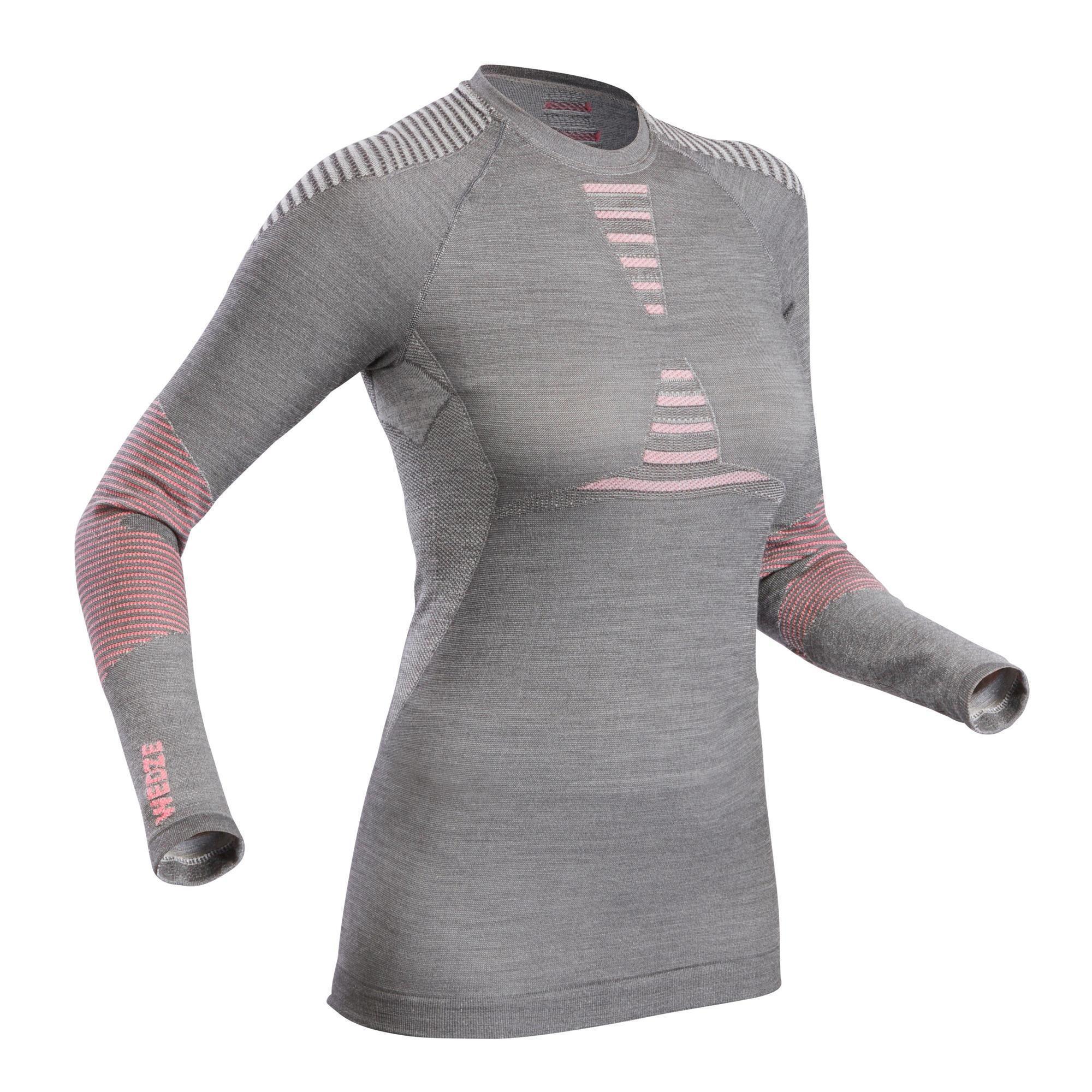 Women's 900 Merino wool seamless thermal base layer ski top - grey/pink 2/5