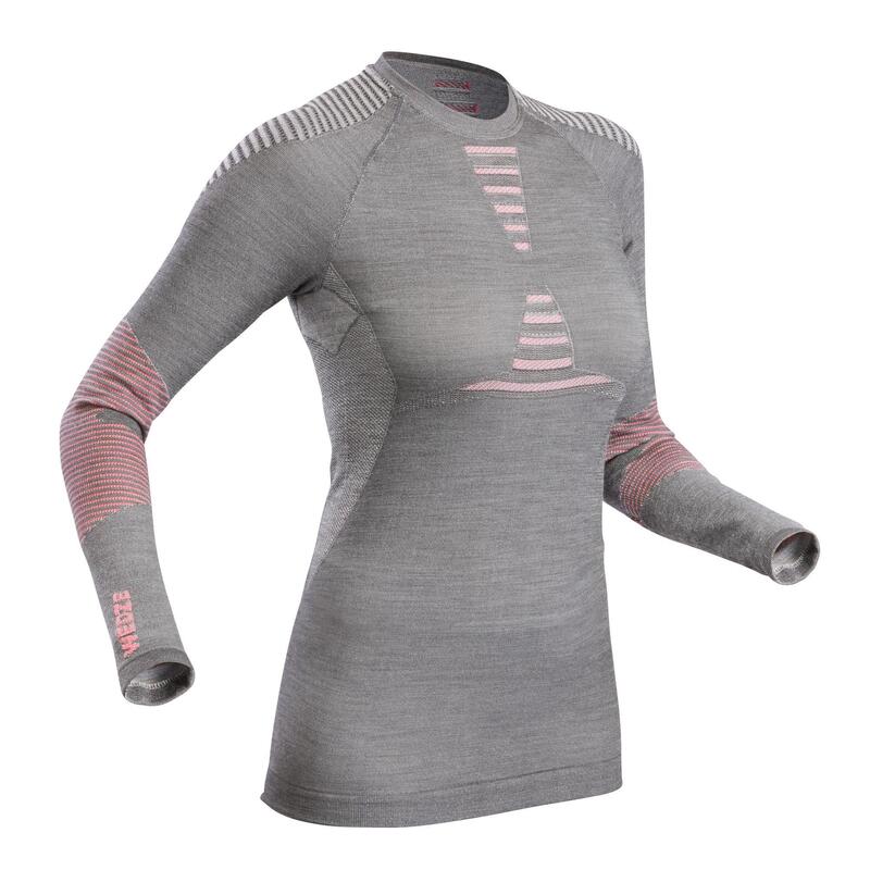 Women’s Seamless Wool Ski Base Layer Top BL 980 Grey Pink WEDZE