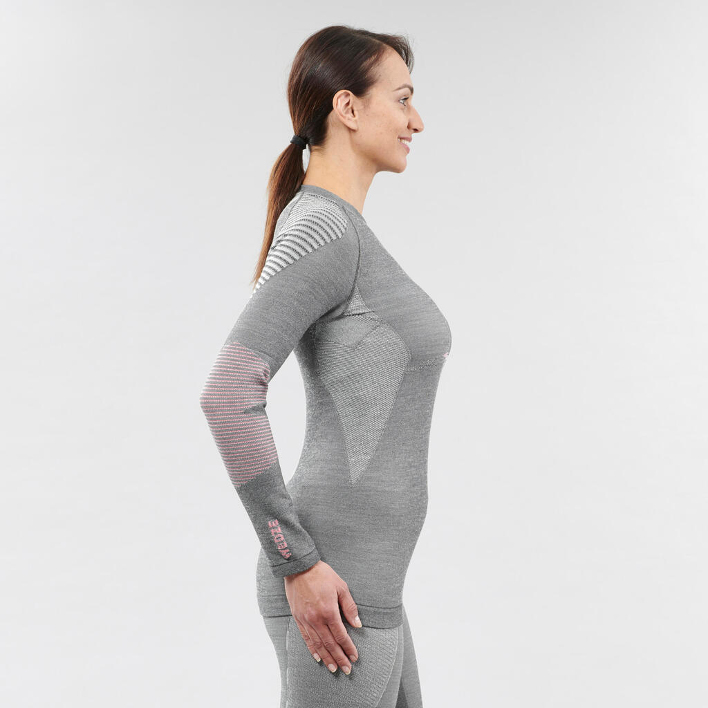 Women's 900 Merino wool seamless thermal base layer ski top - grey/pink