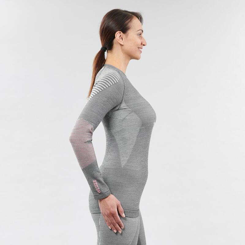 Women’s Seamless Wool Ski Base Layer Top BL 980 Grey Pink WEDZE