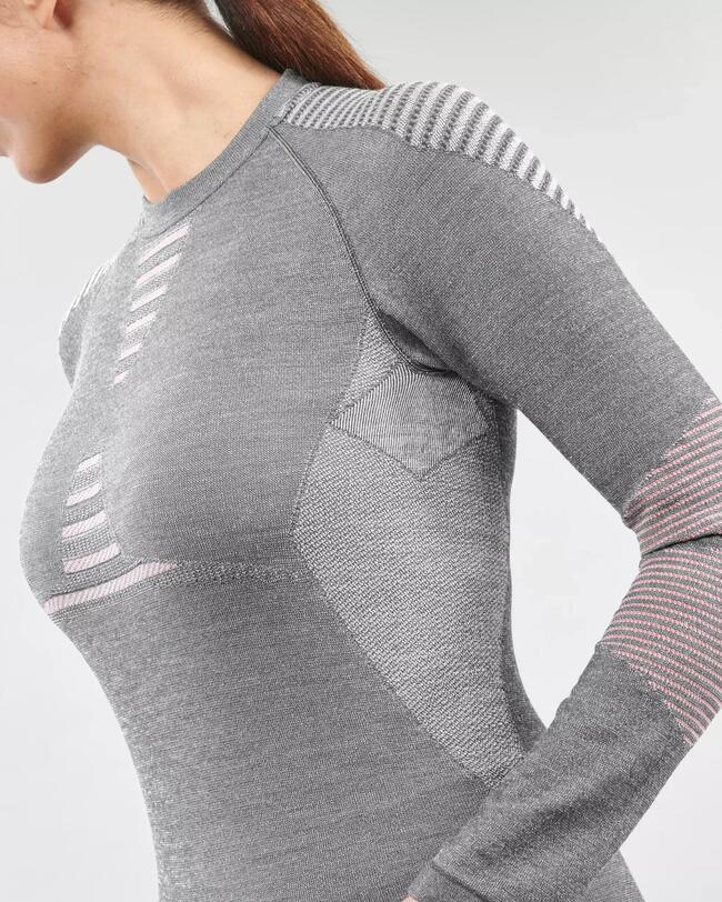 Women's ski 900 merino wool seamless base layer top - grey/pink