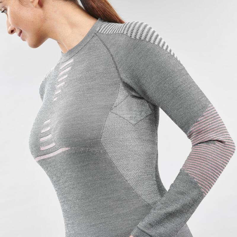 Women’s Seamless Wool Ski Base Layer Top BL 980 Grey Pink WEDZE