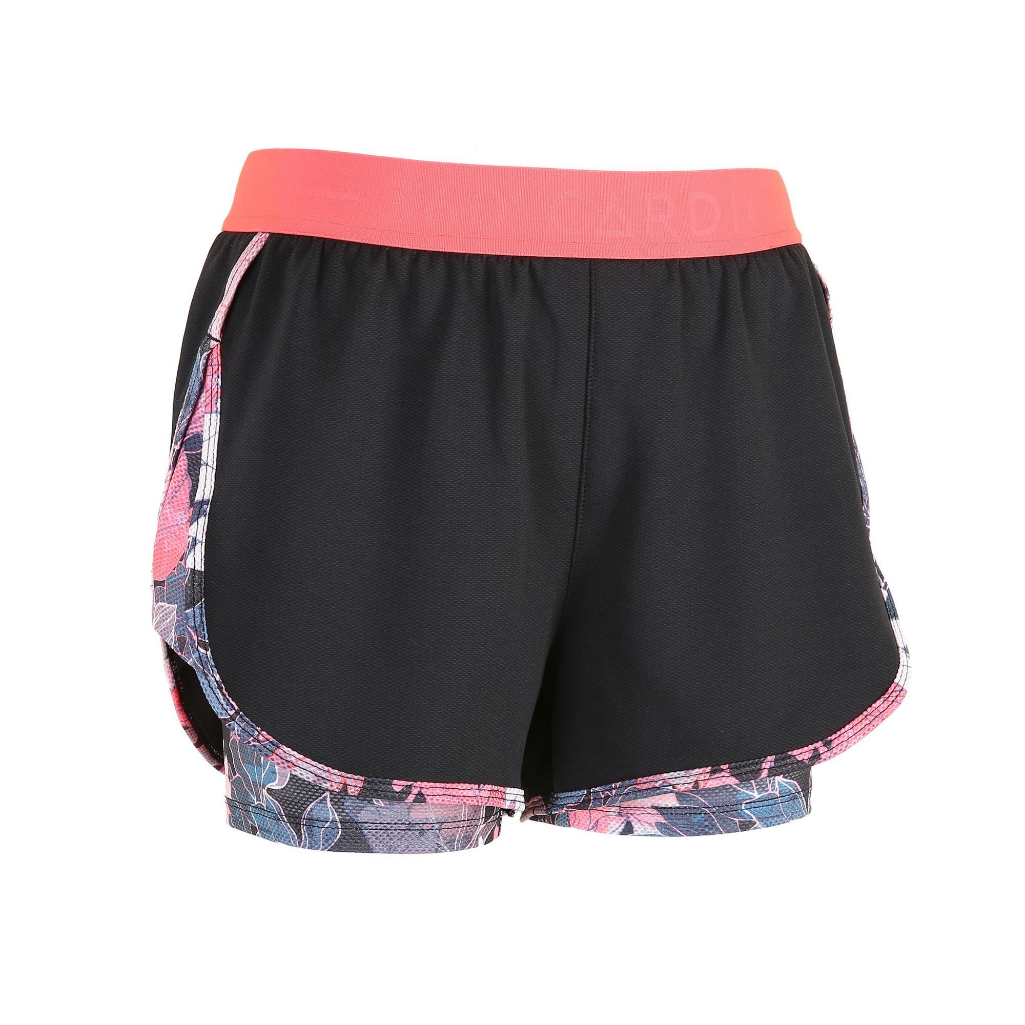 Short 2 en 1 fitness cardio training femme noir imprimé | Domyos by  Decathlon