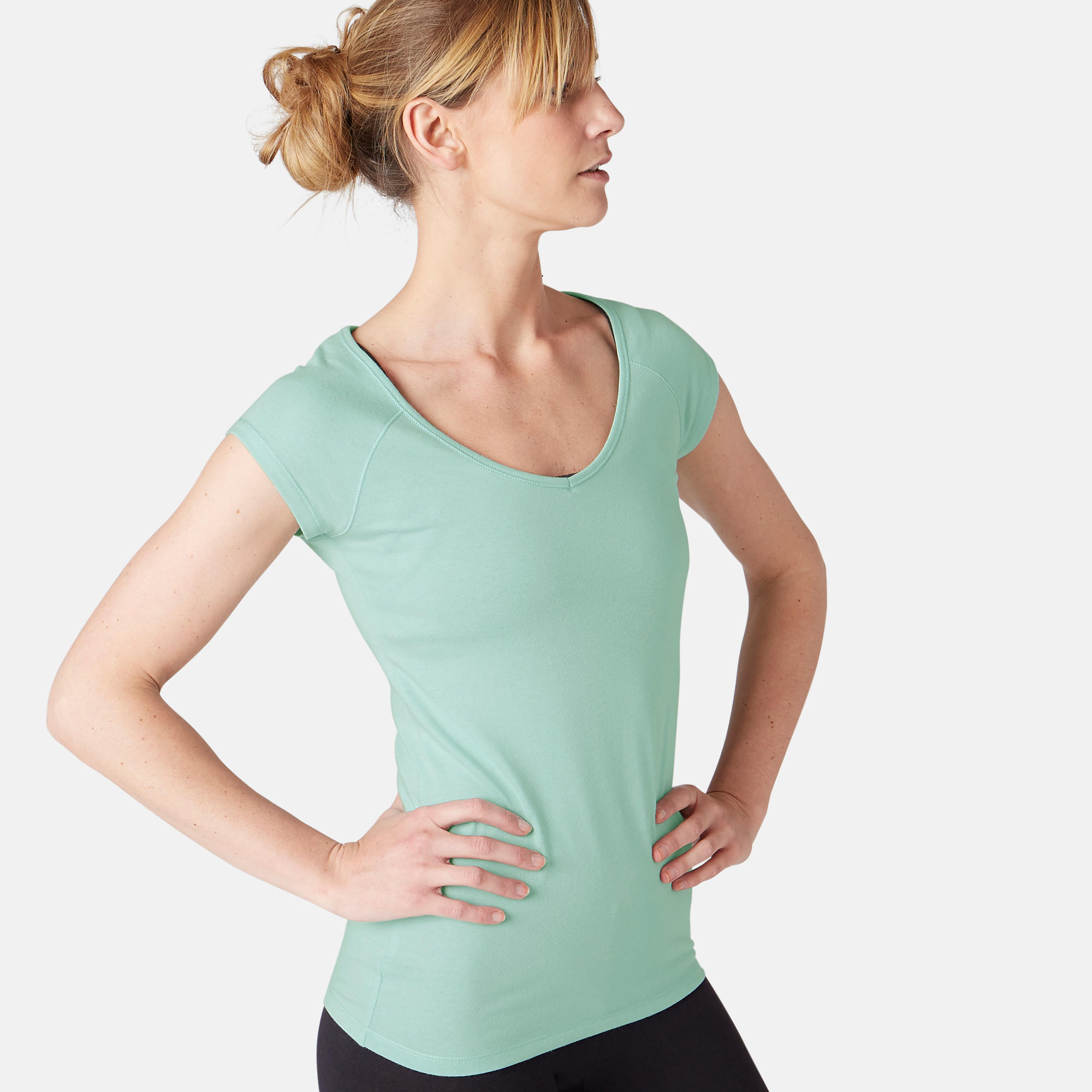 500 Women's SlimFit Gentle Gym & Pilates TShirt Light Blue Decathlon — free download