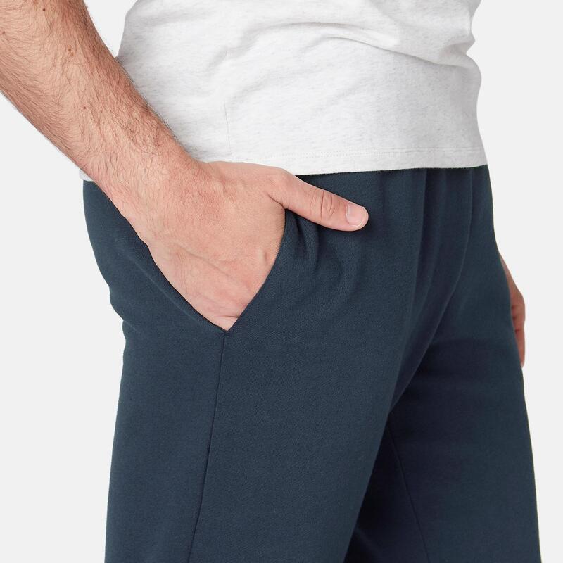 Pantaloni uomo fitness 100 misto cotone felpati blu