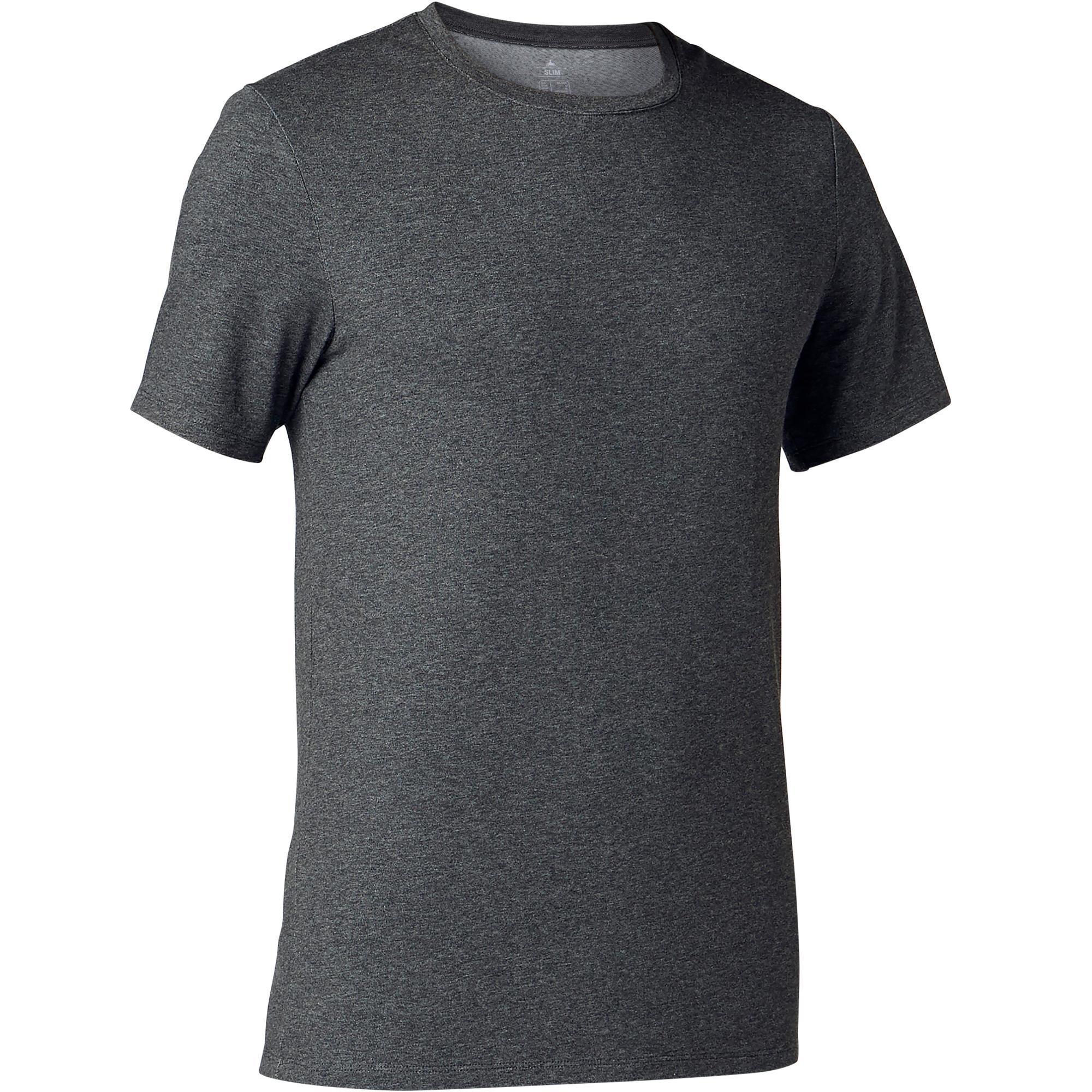 Domyos T Shirt Voor Pilateslichte Gym Heren 500 Slim Fit Gemeleerd Donkergrijs domyos kopen in de aanbieding
