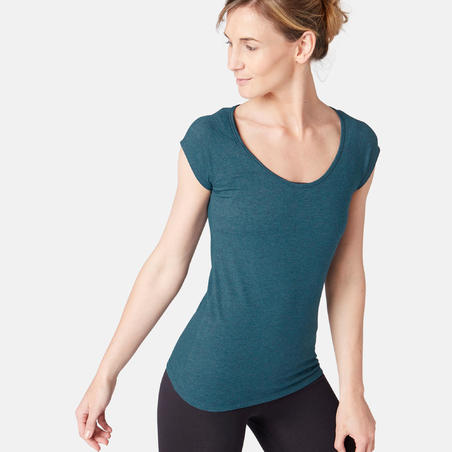 T-Shirt 500 slim Pilates Gym douce femme bleu canard