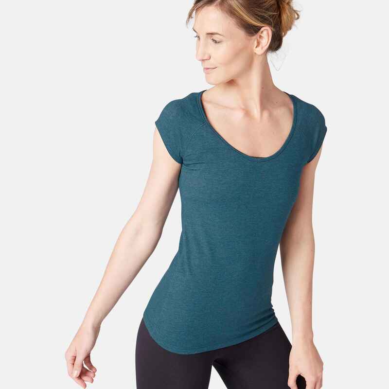 500 Women's Slim-Fit Gentle Gym & Pilates T-Shirt - Teal