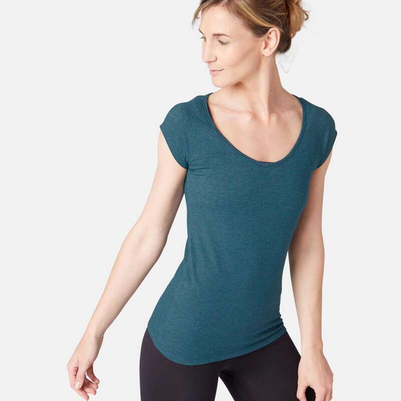 WOMAN T SHIRT LEGGING SHORT - 500 Slim Gym T-Shirt - Teal