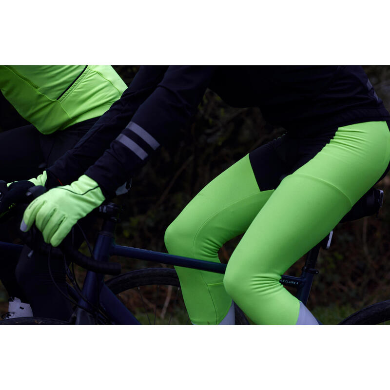 Lange fietsbroek met bretels RC500 fluogeel zichtbaarheid volgens EN1150