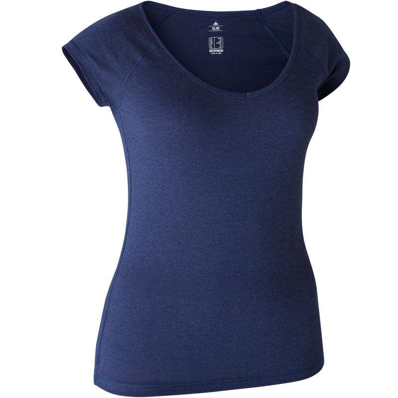 500 Women's Slim-Fit Pilates & Gentle Gym T-Shirt - Navy Blue 500 Women's Slim-Fit Pilates & Gentle Gym T-Shirt - Navy Blue