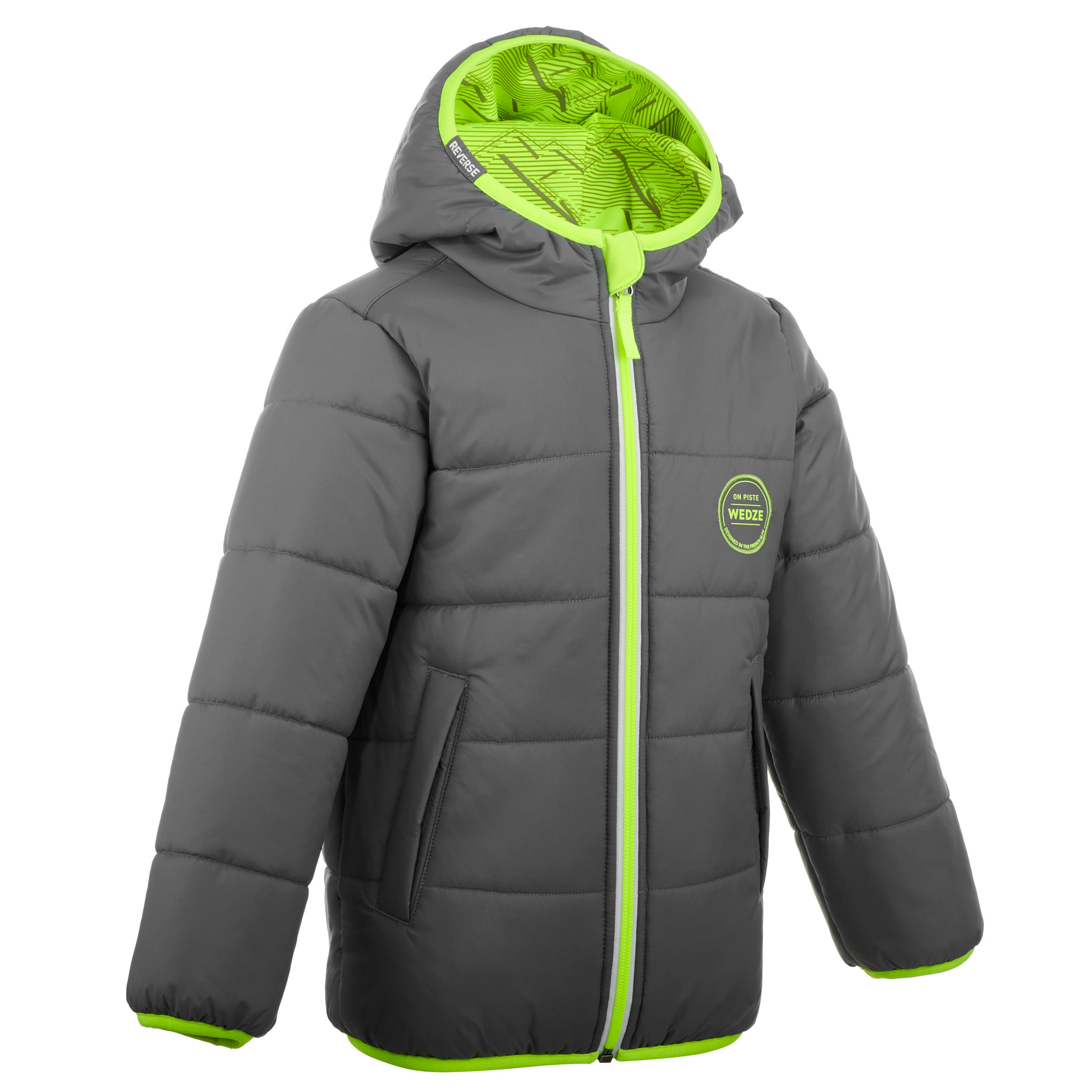 KIDS’ WARM AND WATERPROOF SKI JACKET WARM REVERSE 100 GREY AND YELLOW 9/19