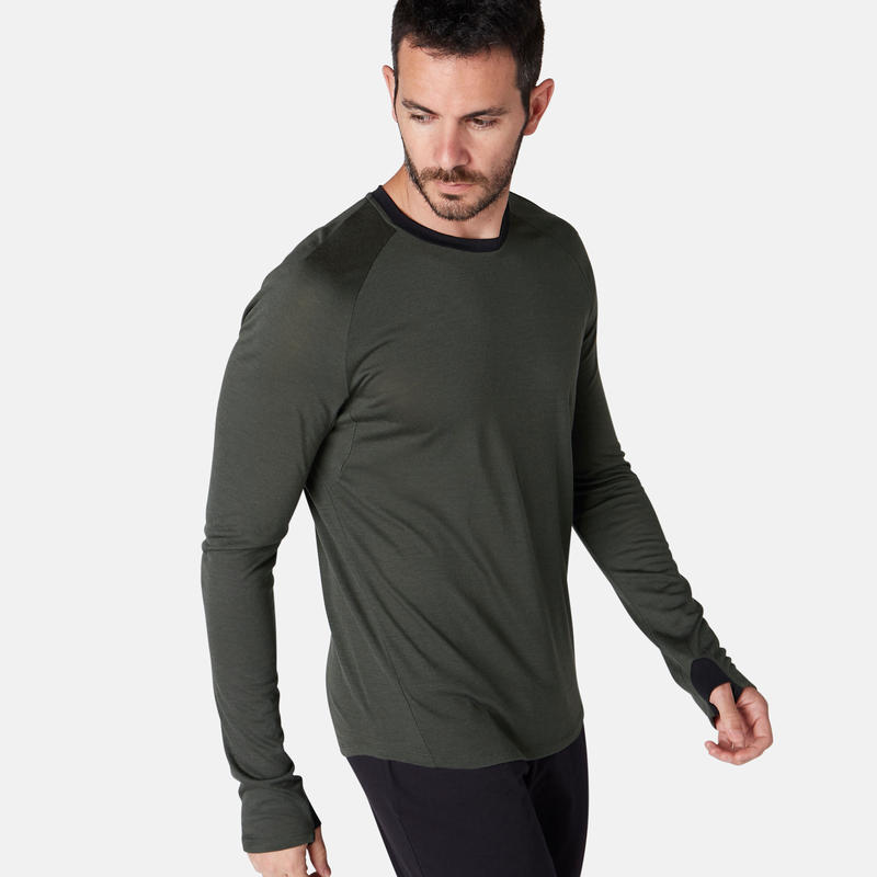 Men's Merino Wool LongSleeved Regular Pilates & Gentle Gym TShirt Khaki Decathlon