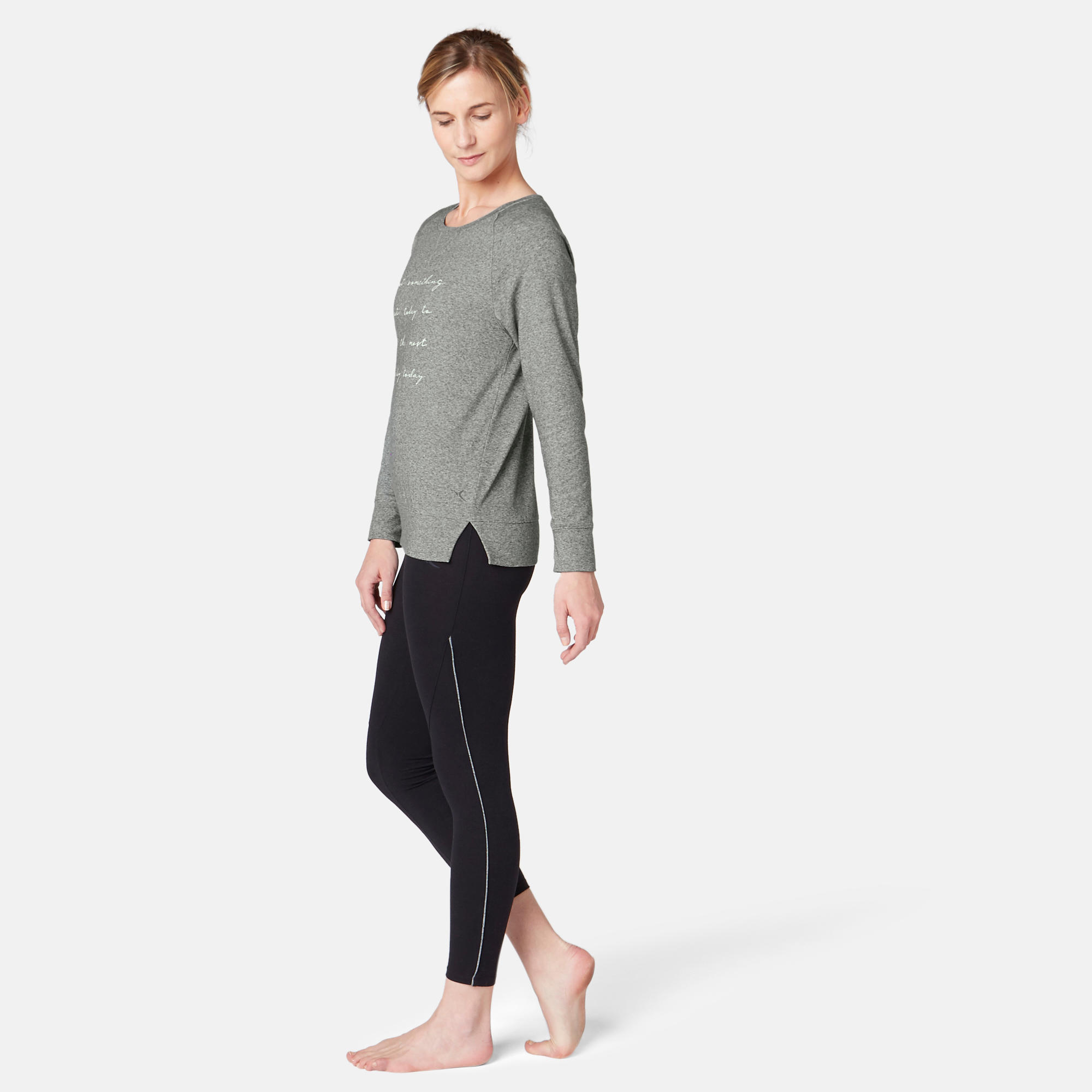 500 Women's Long-Sleeved Pilates & Gentle Gym T-Shirt - Grey Print 2/6