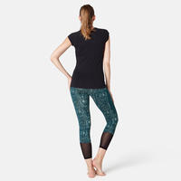 Legging court de sport taille haute 520 femme 7/8 en coton bleu canard printé