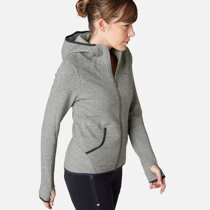 WOMAN PANT JACKET SWEAT Snowboarding - Hooded Gym Jacket 900 - Grey NYAMBA - Snowboard Clothing