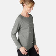 500 Women's Long-Sleeved Pilates & Gentle Gym T-Shirt - Grey Print