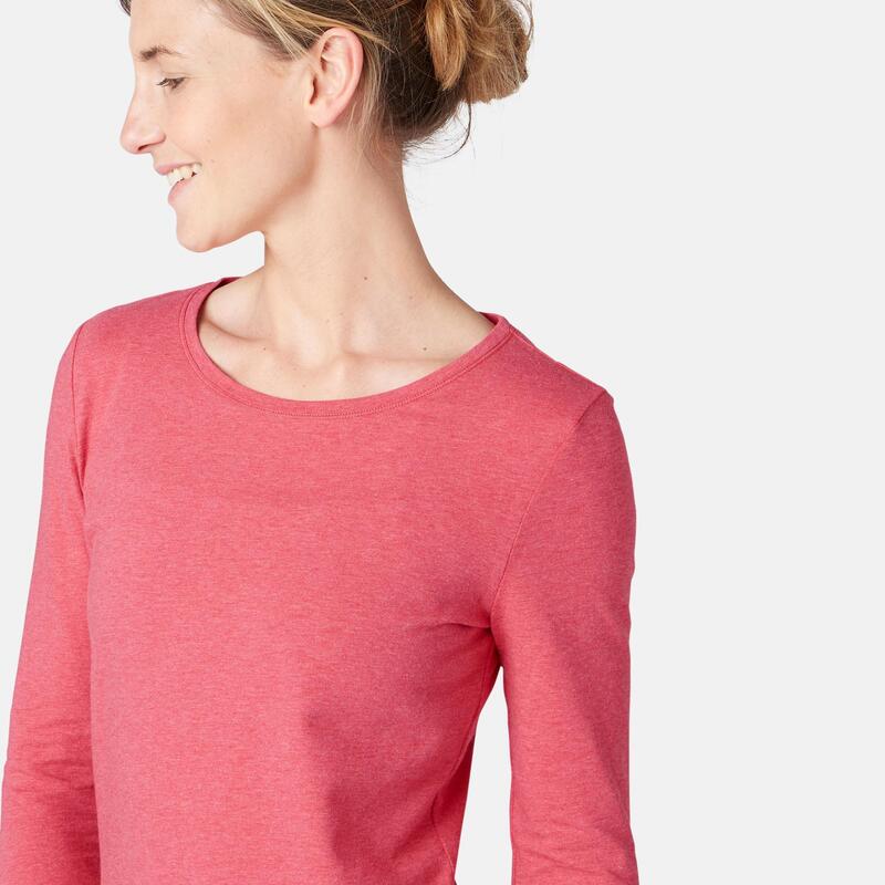 Shirt voor fitness lange mouwen katoen gemêleerd roze
