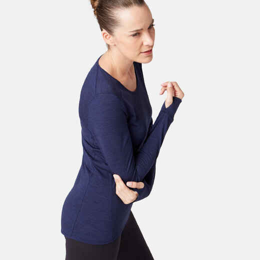 
      Women's Long-Sleeved Wool Pilates & Gentle Gym Sport T-Shirt - Dark Blue
  