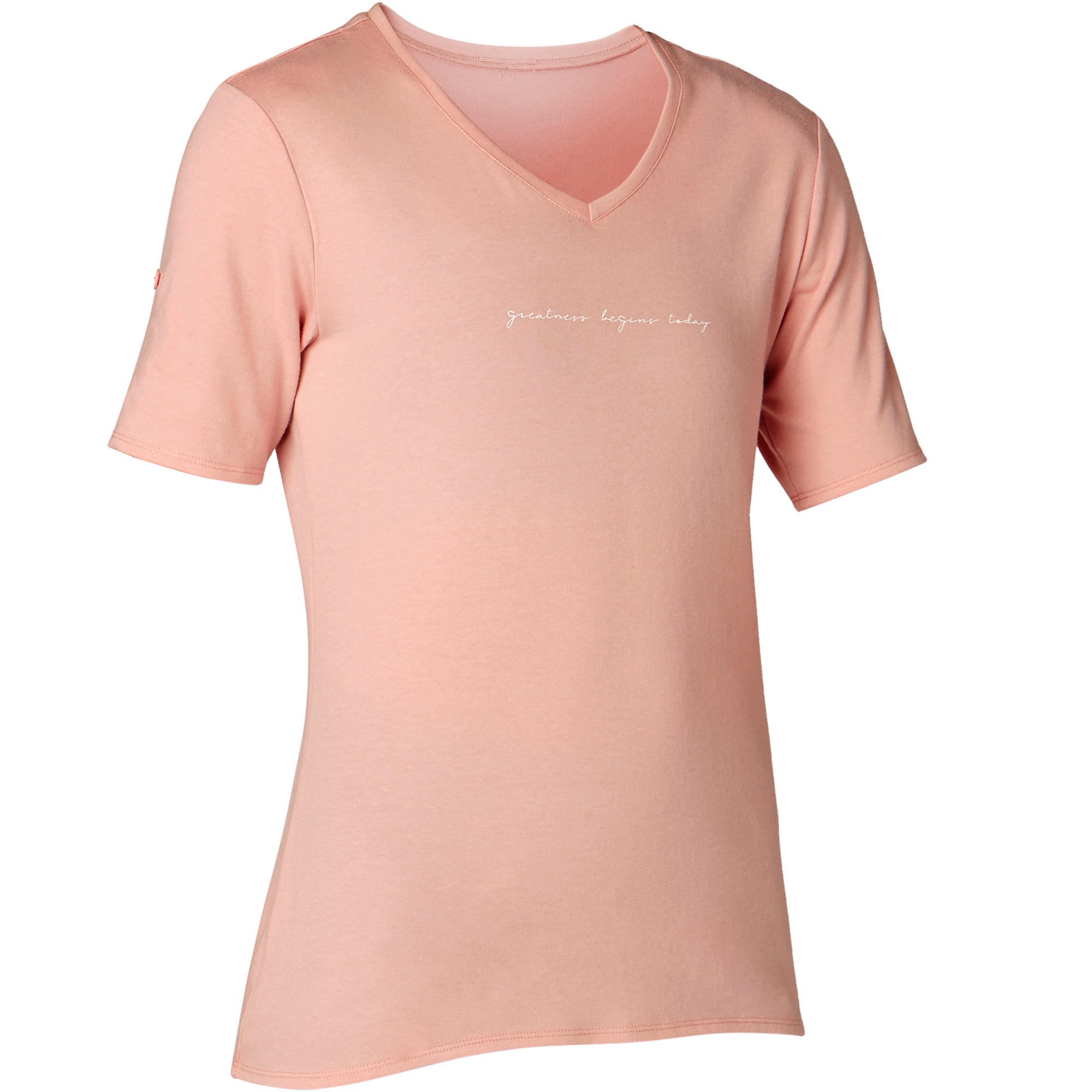 Domyos T Shirt Voor Pilateslichte Gym Dames 500 Regular Fit Roze Met Print domyos kopen in de aanbieding