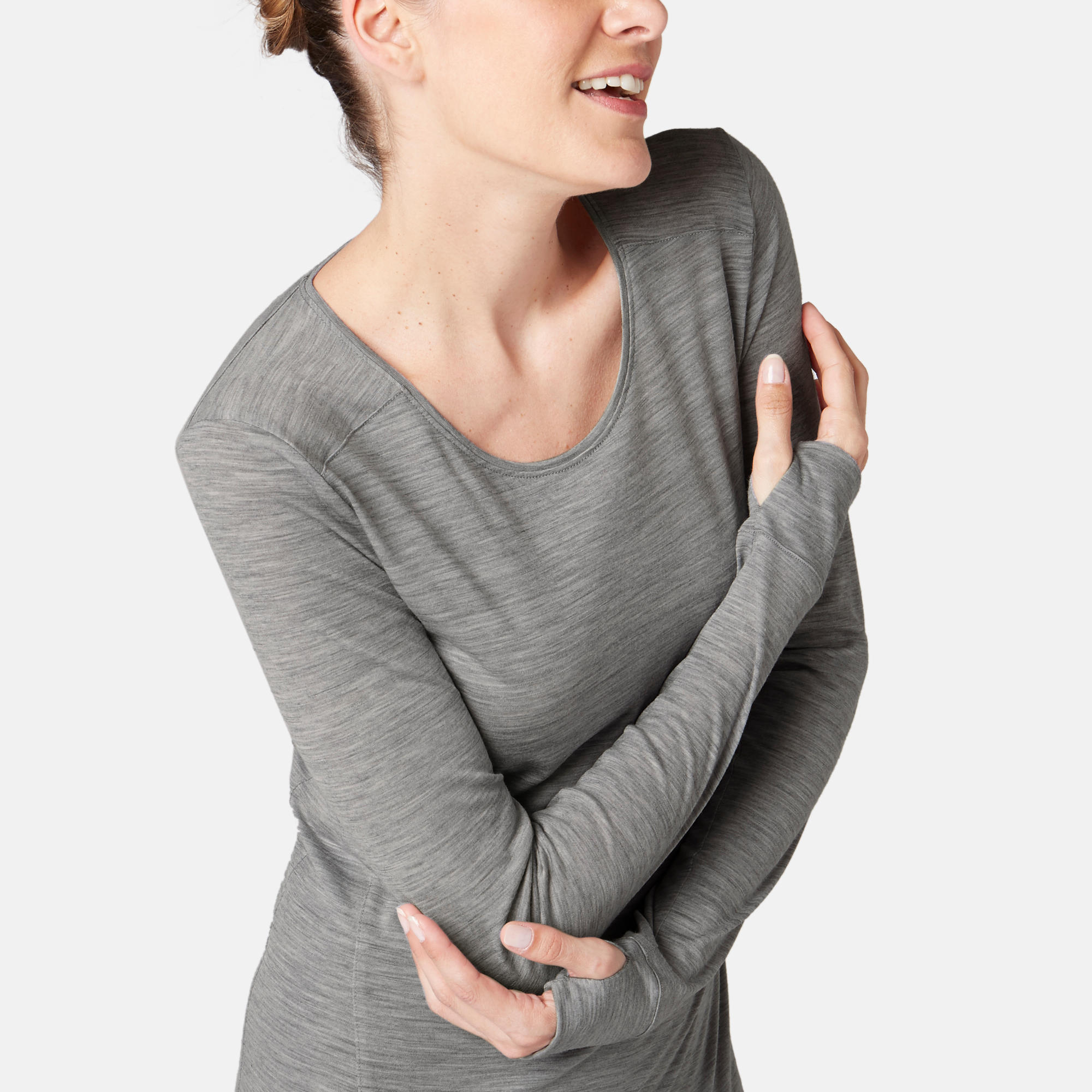 Women's Pilates & Gentle Gym Long-Sleeved Wool T-Shirt - Mottled Grey 5/7