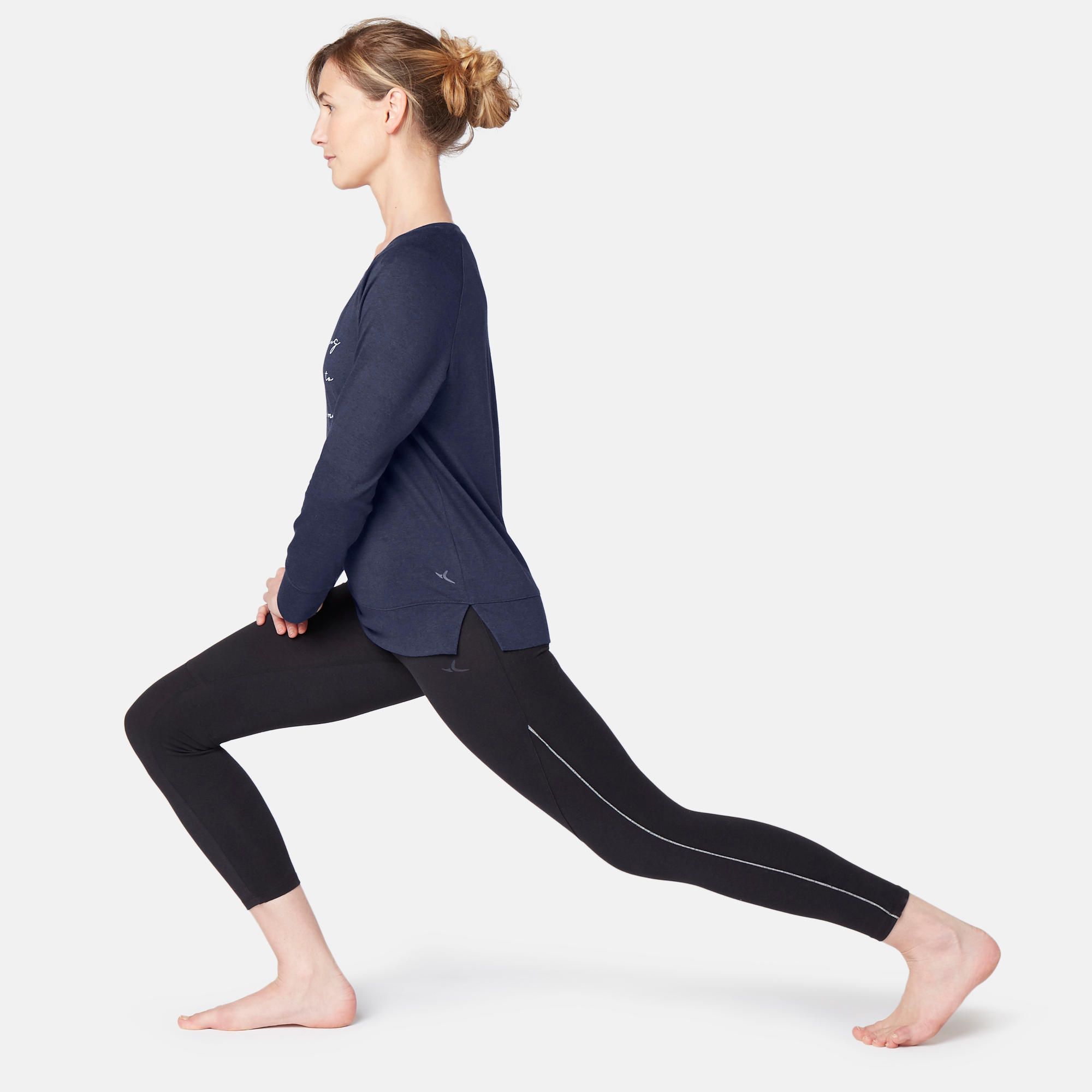 500 Women's Long-Sleeved Pilates & Gentle Gym T-Shirt - Navy Blue Print 2/7