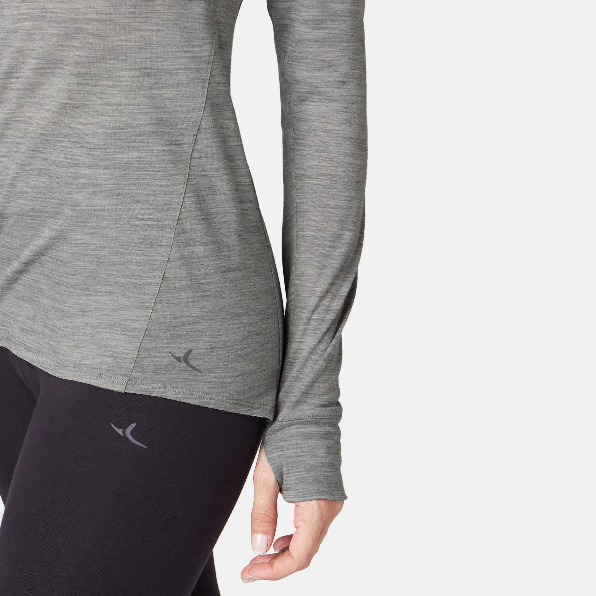 Women's Pilates & Gentle Gym Long-Sleeved Wool T-Shirt - Mottled Grey 6/7