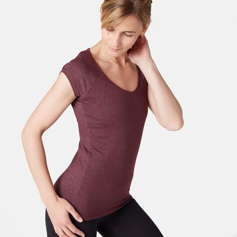 T-Shirt 500 slim Pilates Gym douce femme bordeaux chiné