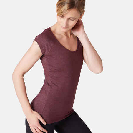 500 Women's Slim-Fit Gentle Gym & Pilates T-Shirt - Mottled Burgundy