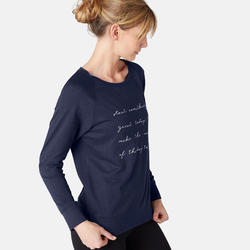 T-Shirt 500 manches longues Pilates Gym douce femme bleu marine printé