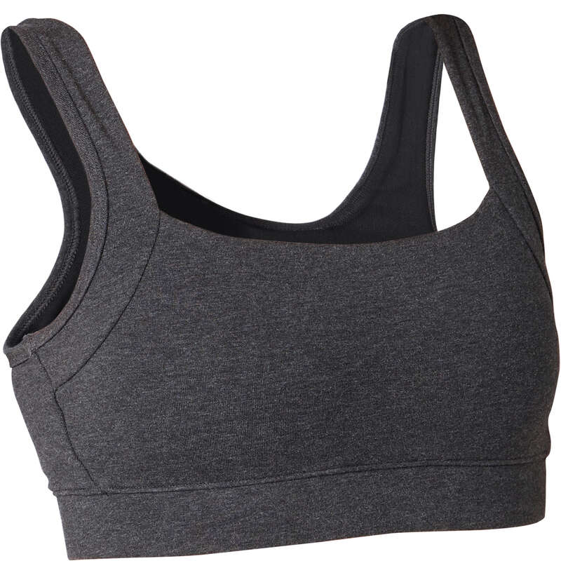 WOMAN T SHIRT LEGGING SHORT Fitness and Gym - Gym Sports Bra - Dark Grey DOMYOS - Gym Activewear