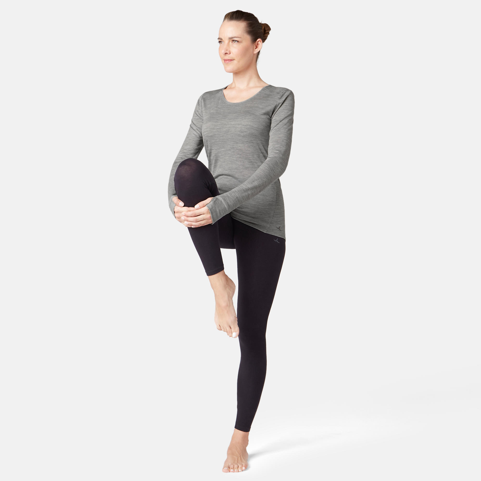 Women's Pilates & Gentle Gym Long-Sleeved Wool T-Shirt - Mottled Grey 3/7