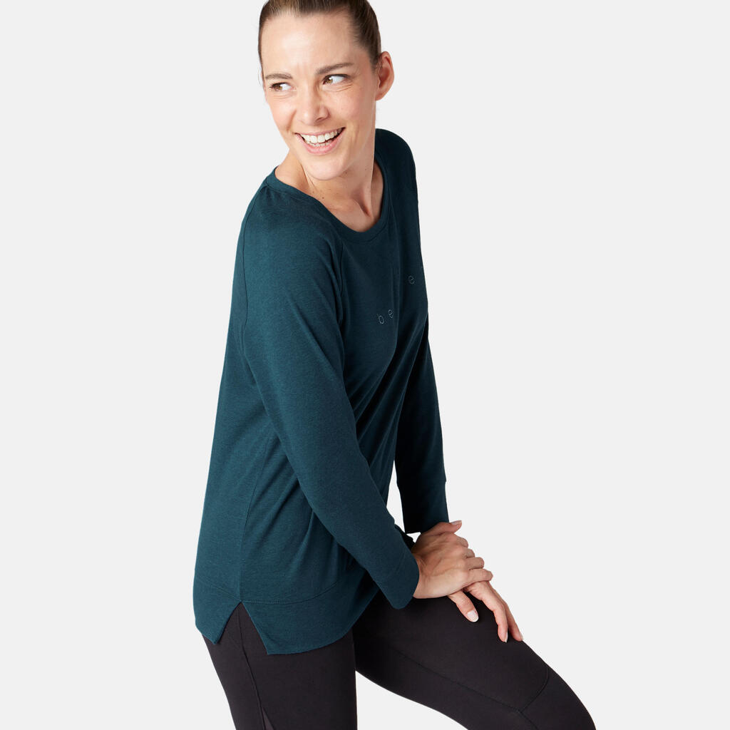 Langarmshirt Fitness Baumwolle dehnbar Damen 