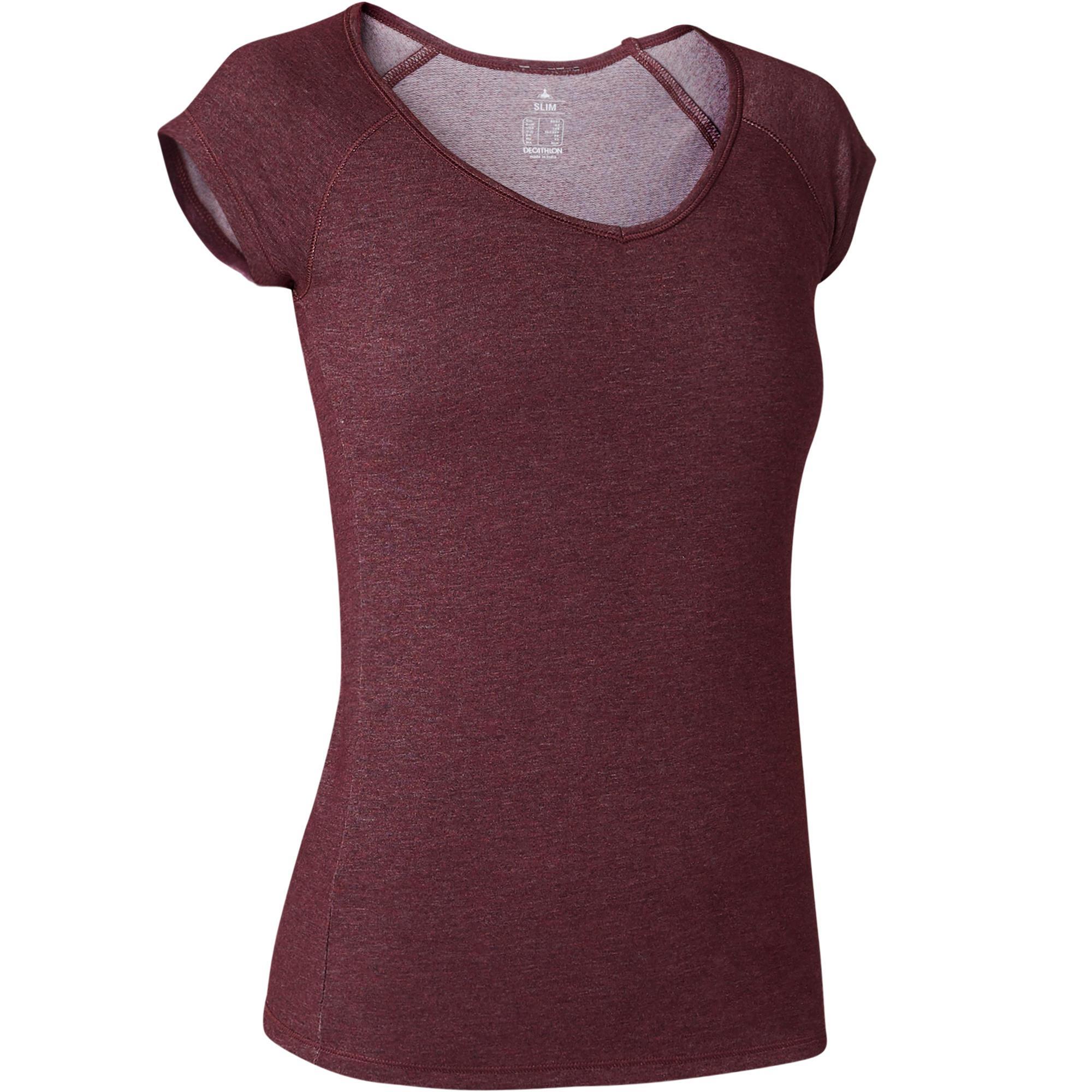 Domyos T Shirt Voor Pilateslichte Gym Dames 500 Slim Fit Gemeleerd Bordeaux domyos kopen in de aanbieding