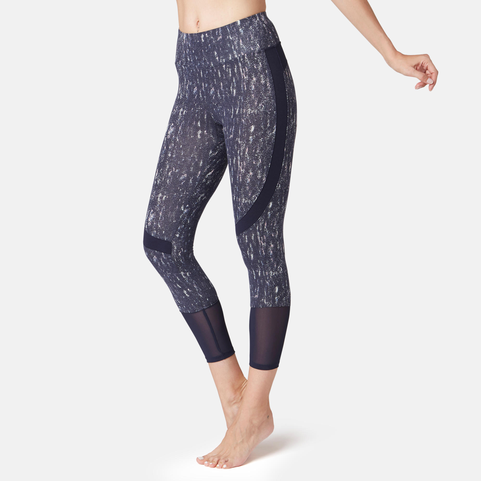 Women's High-Waisted Short 7/8 Cotton Sport Leggings 520 - Navy Blue Print 1/9