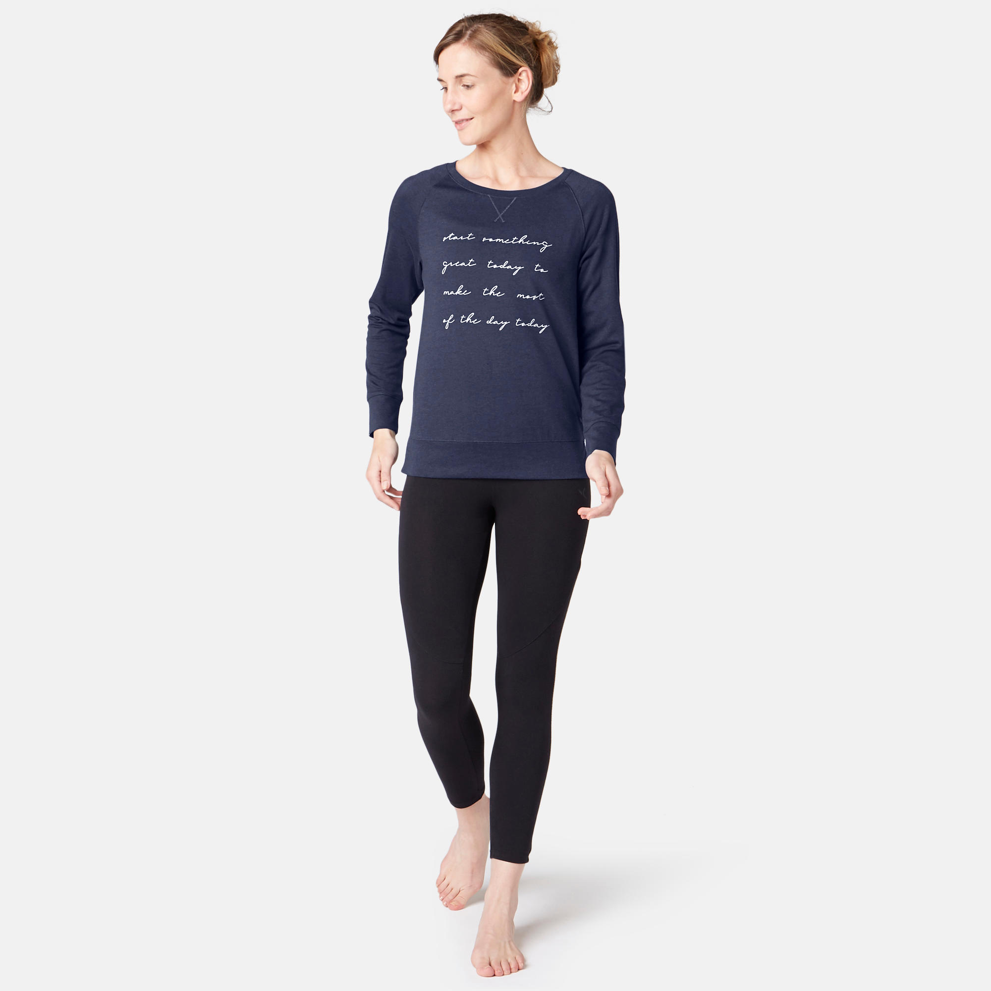 500 Women's Long-Sleeved Pilates & Gentle Gym T-Shirt - Navy Blue Print 3/7