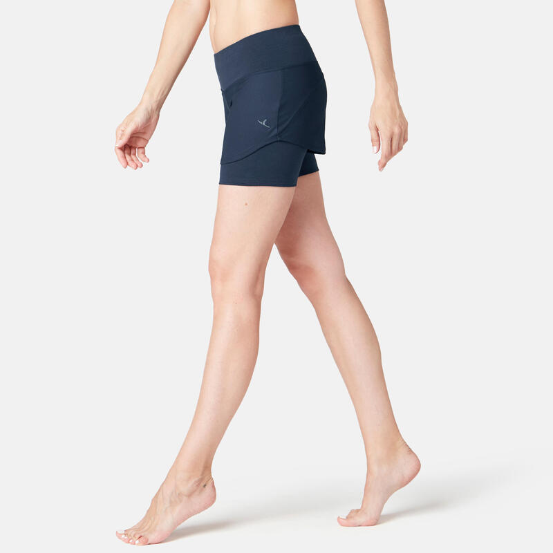 Women's 2-in-1 Slim / Straight-Cut Cotton Fitness Shorts 900 With Key Pocket - Navy