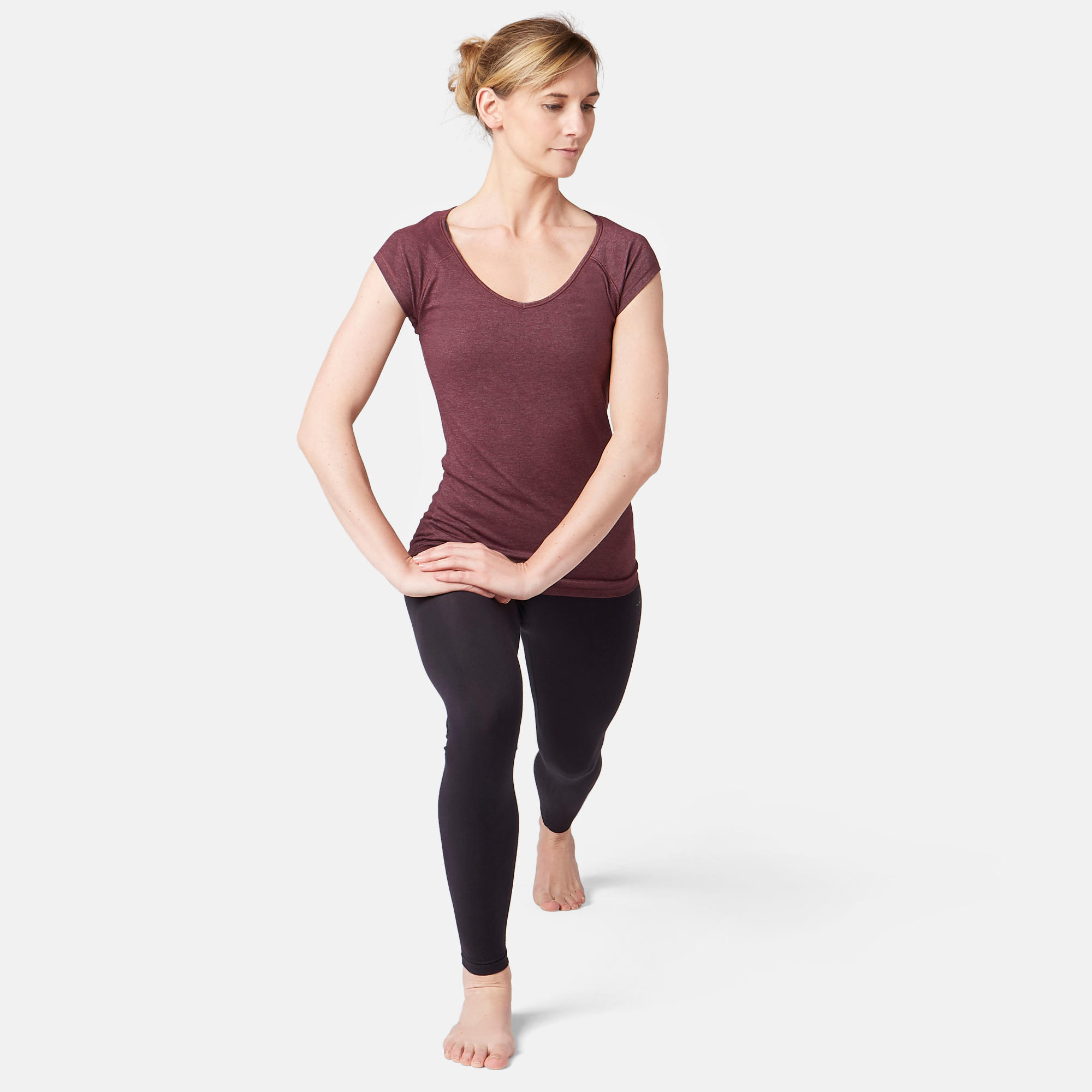 500 Women's Slim-Fit Gentle Gym & Pilates T-Shirt - Mottled Burgundy 3/7