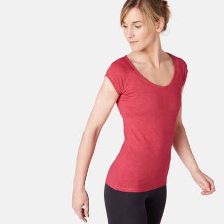 500 Women's Slim-Fit Gentle Gym & Pilates T-Shirt - Mottled Pink